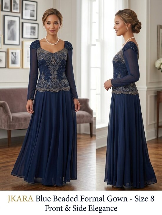 J Kara Dresses & Skirts - JKARA Navy Blue Long Sleeve Beaded Wedding Prom Formal Gown Women’s Dress Size 8